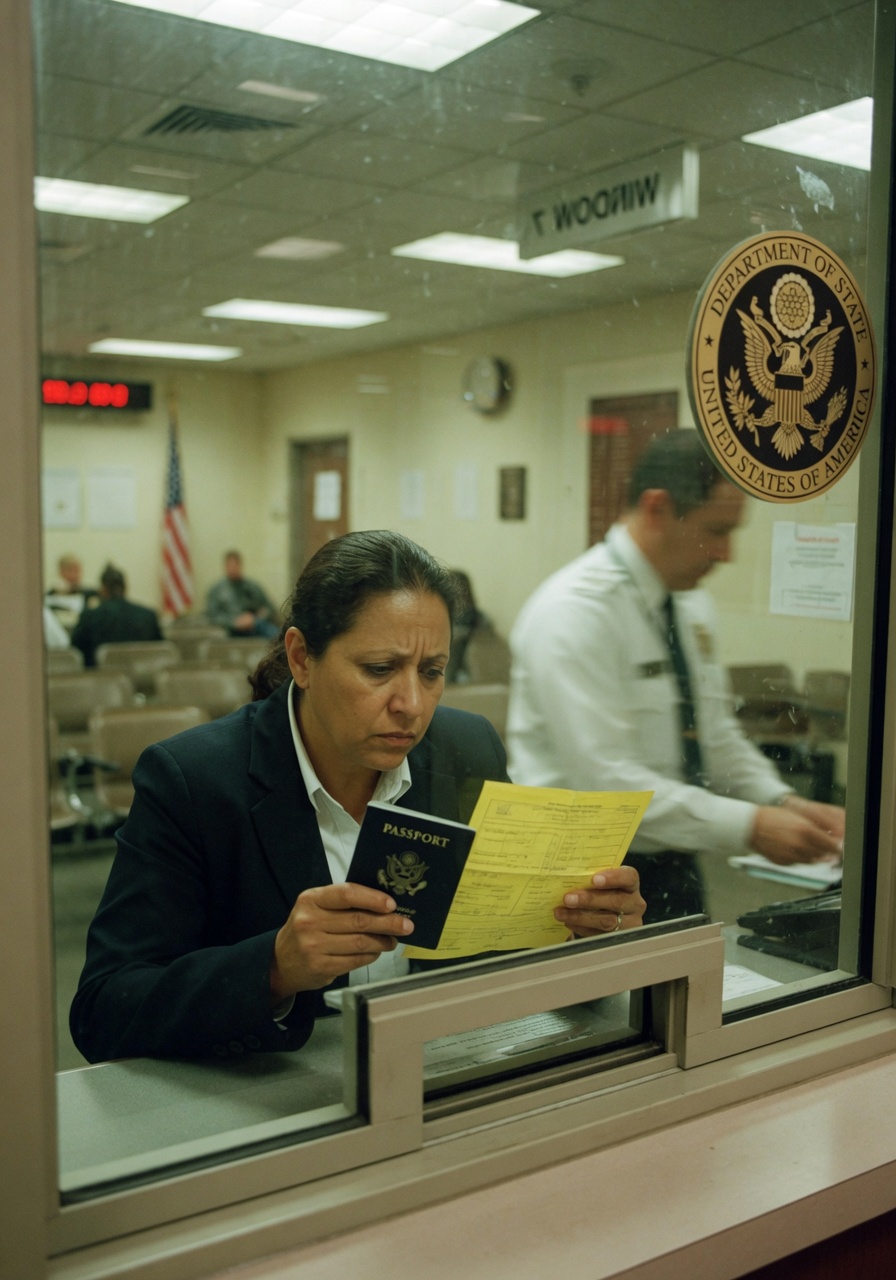 An anxious visa applicant waits at a U.S. embassy consular window holding a passport and a yellow 221(g) administrative-processing slip, with a blurred consular officer behind the glass.
