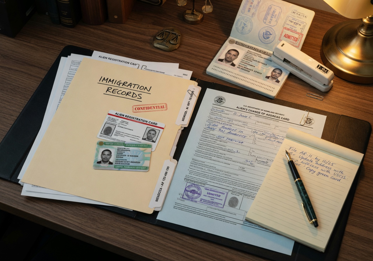 An alien registration receipt card, Form AR-11, a green card, a U.S. passport with I-94, and a folder labeled Immigration Records on a professional law-office desk