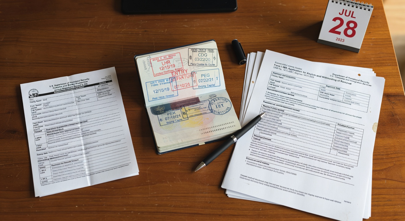 Expired visa document next to asylum application paperwork