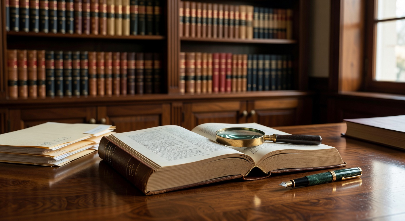 Open legal hardcover book and brass magnifying glass on a polished walnut desk — particular social group asylum law 2026