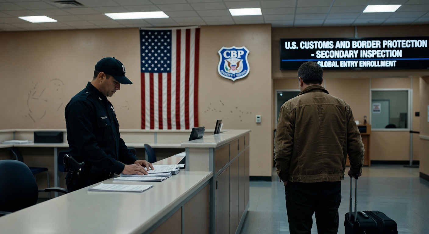A CBP officer in dark blue uniform examines documents at a secondary inspection counter at a US international airport, with a CBP shield and US flag in the background.