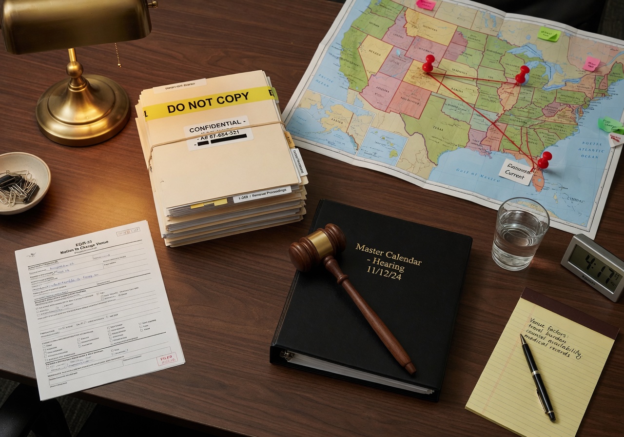 A Motion to Change Venue form with case files, a U.S. map showing relocation pins, and a gavel on a Master Calendar binder