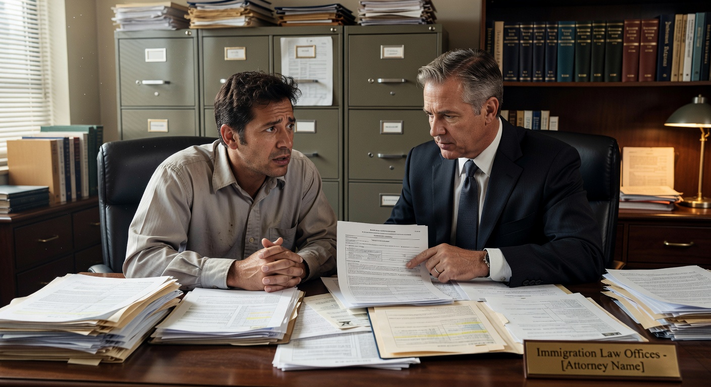 Immigration attorney reviewing asylum case documents with a client