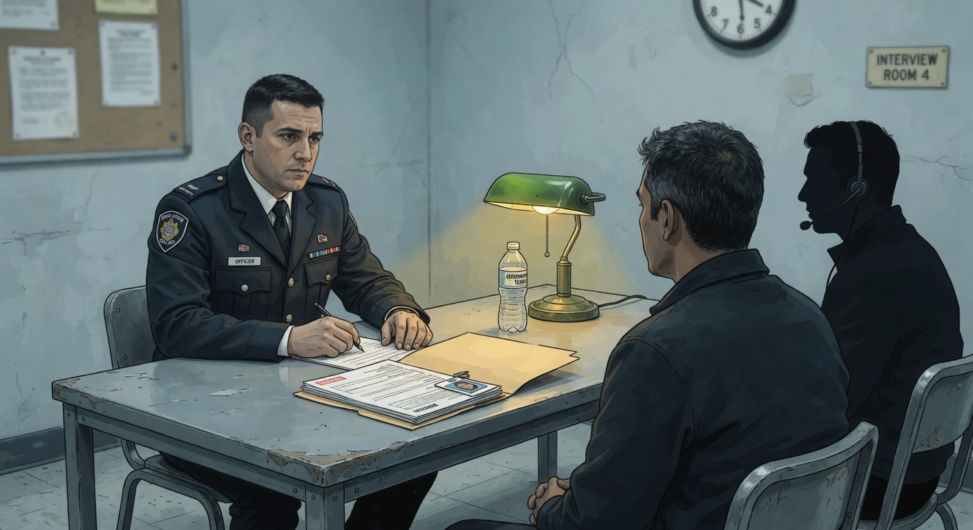A serious asylum officer across a sparse metal table in a government interview room from an asylum applicant whose back is visible; a translator silhouette sits to one side. A manila folder, water bottle, and government-issue lamp are on the table.
