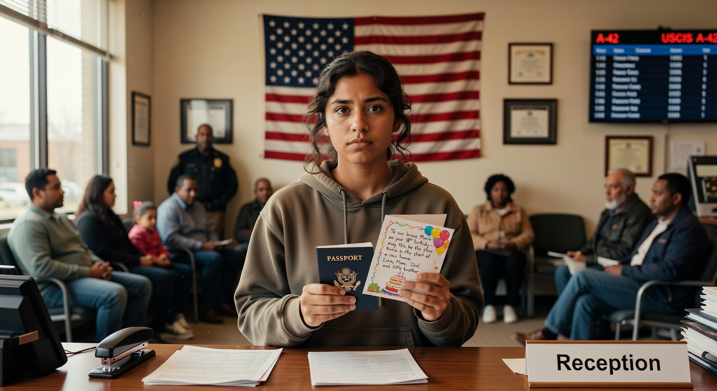 A teenager standing at a U.S. immigration office reception desk holding a passport and a birthday card, with a parent's hand resting on their shoulder