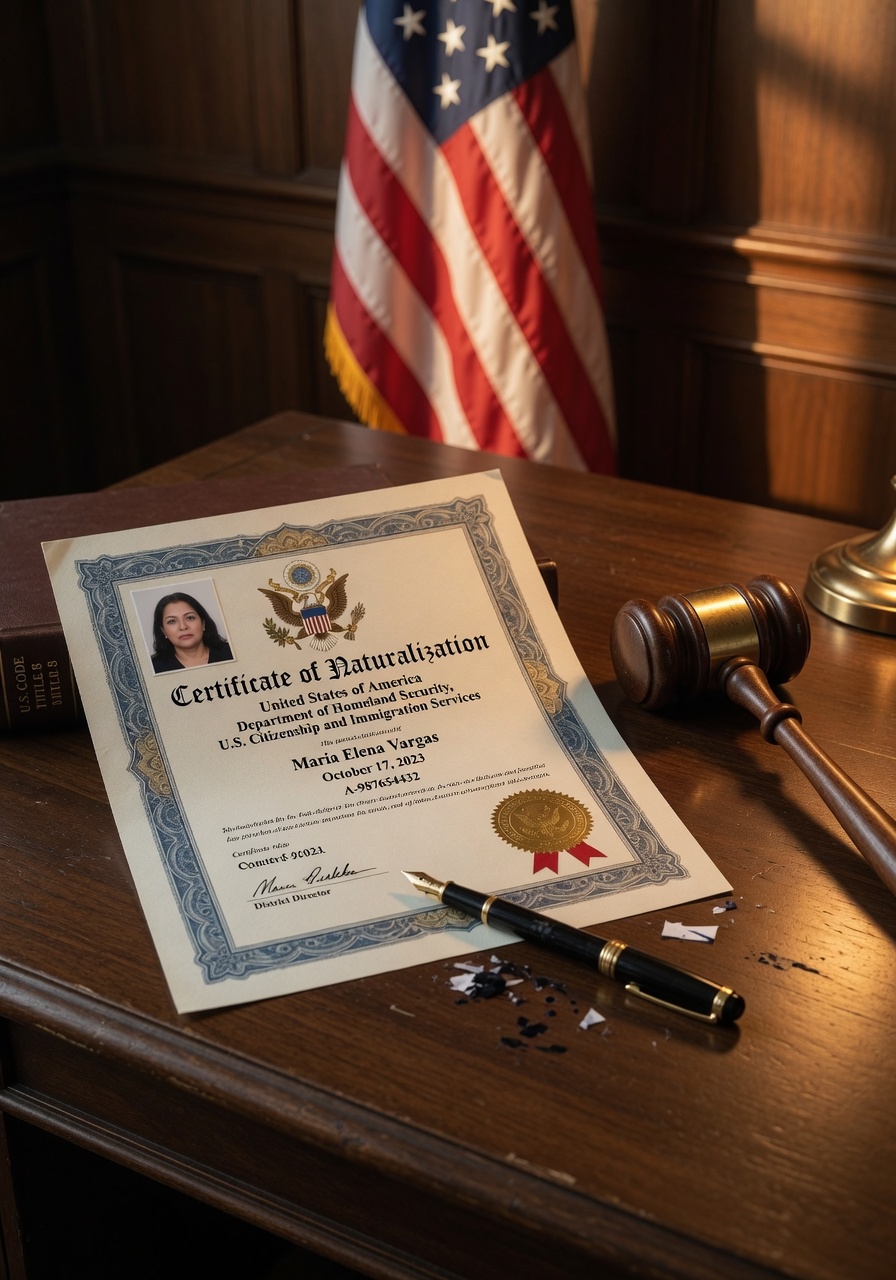 A U.S. Certificate of Naturalization on a law office desk beside a judge's gavel and an American flag, representing a denaturalization case