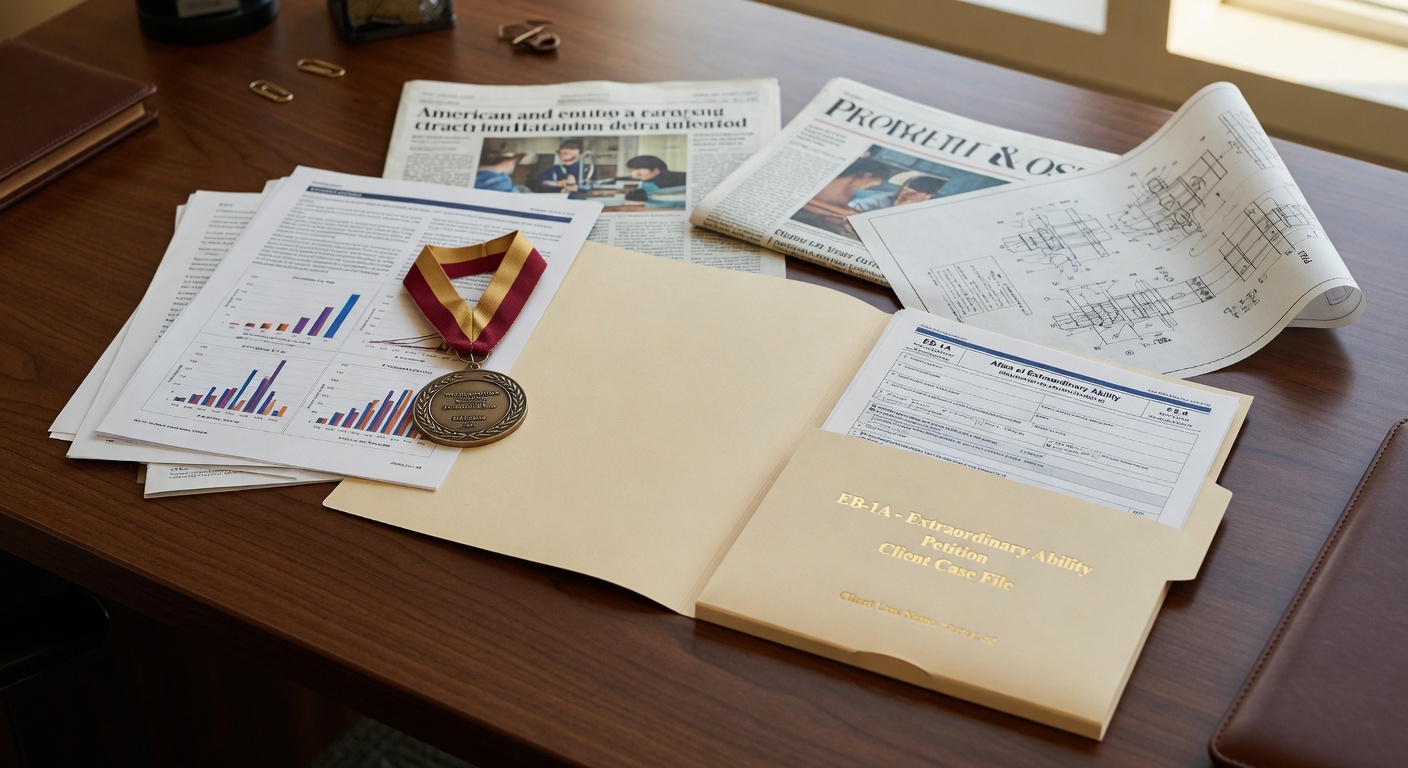 An extraordinary ability green card file with award medals, research papers, press clippings, and immigration forms on an attorney desk