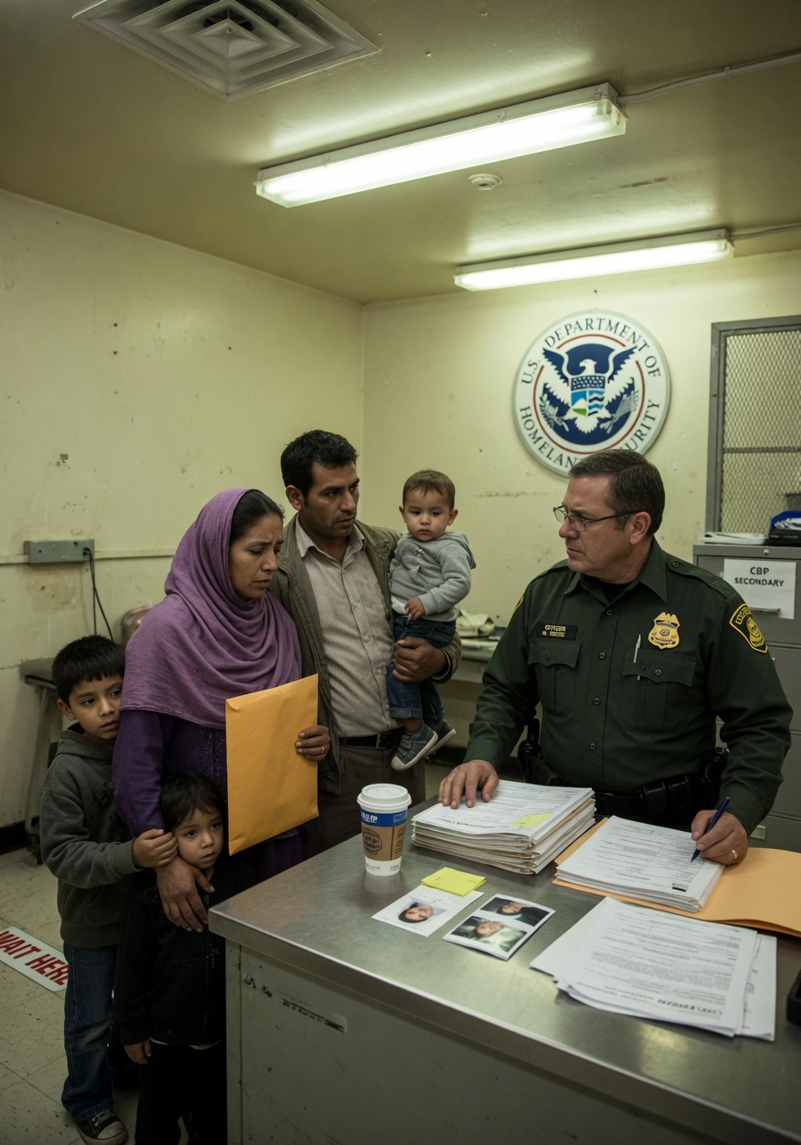 A worried immigrant family stands before a stern CBP officer at a metal desk in a stark government processing room with an official seal on the wall.