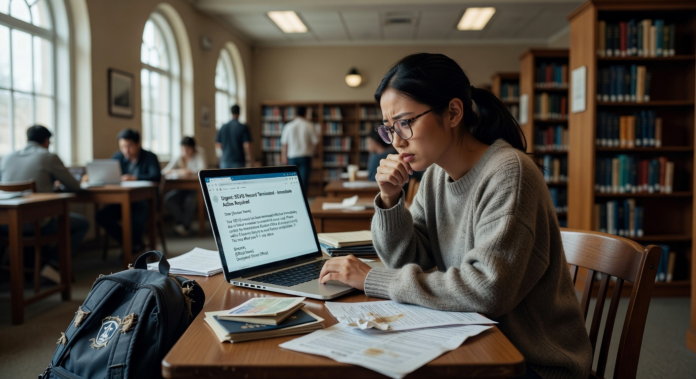 An F-1 international student reviewing a SEVIS termination notice on a laptop in a university library