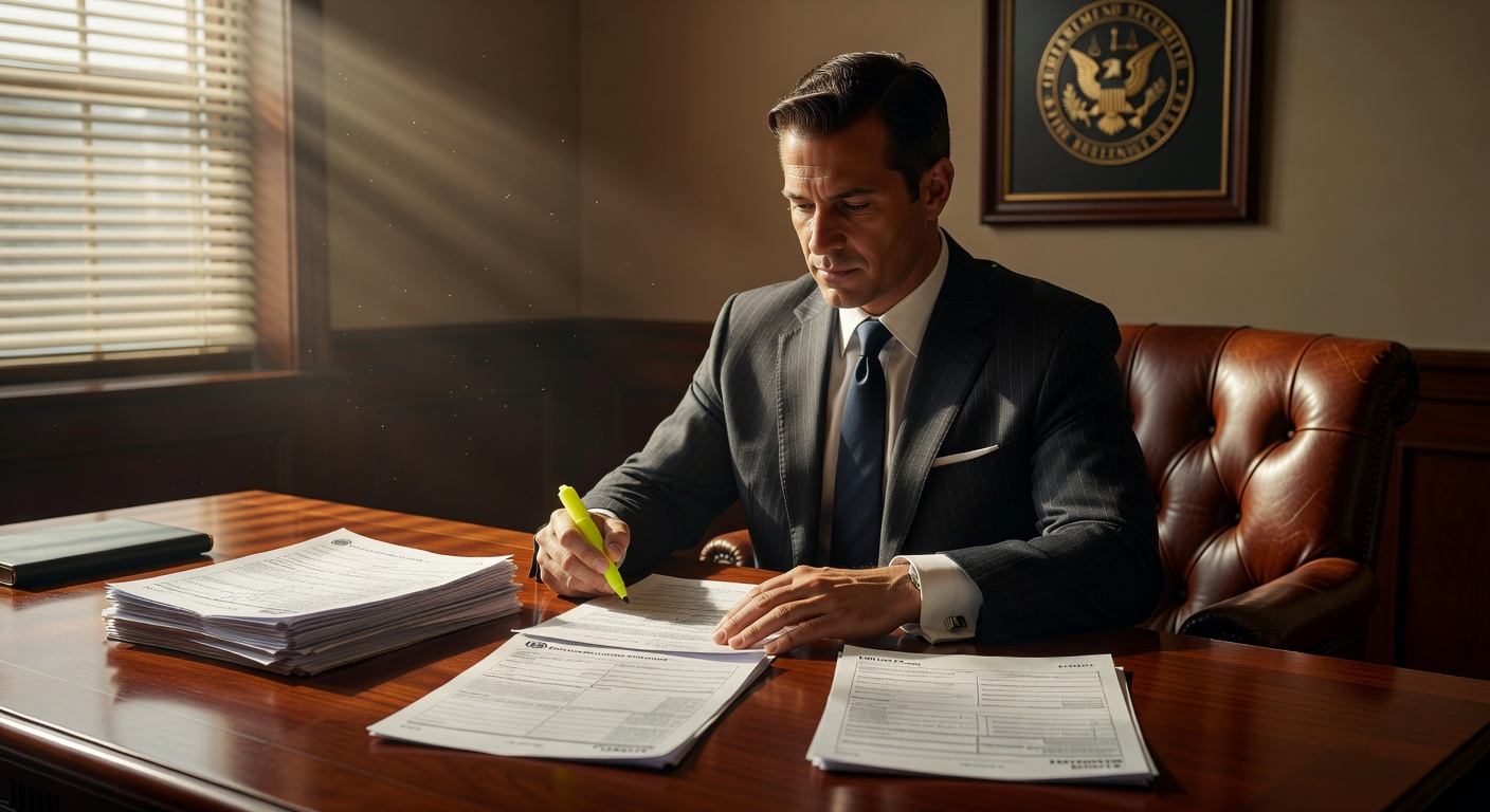 An immigration attorney reviewing a stack of A-file records and government documents at a desk before a client's immigration court hearing