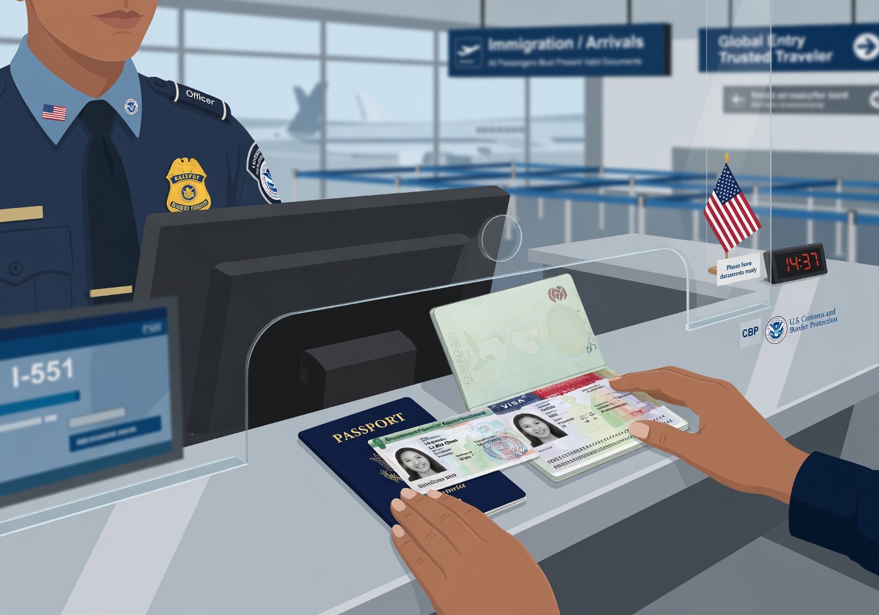 Permanent resident at an international airport holding a green card and passport