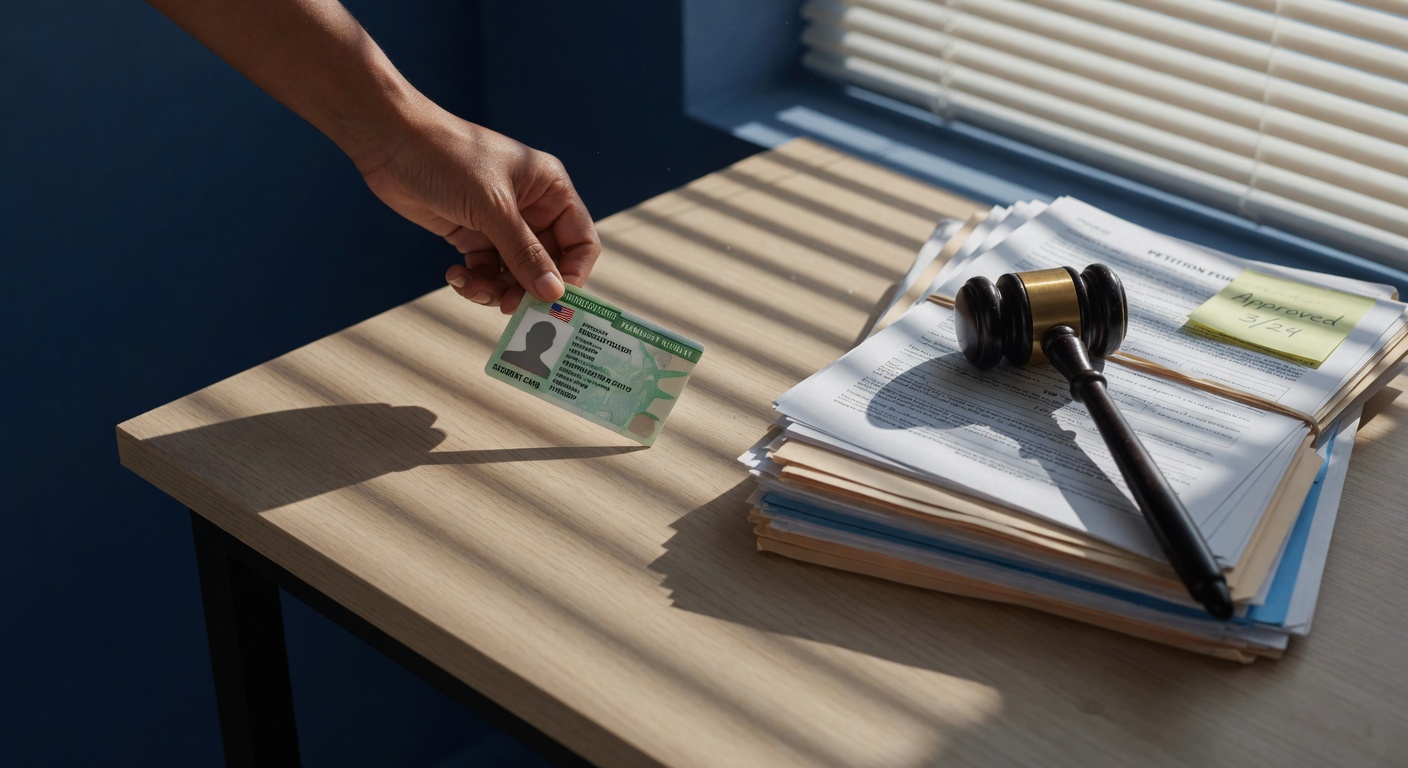 A US permanent resident green card placed on a wooden desk next to a stack of legal documents and a gavel; dramatic shadows from sunlight through window blinds.