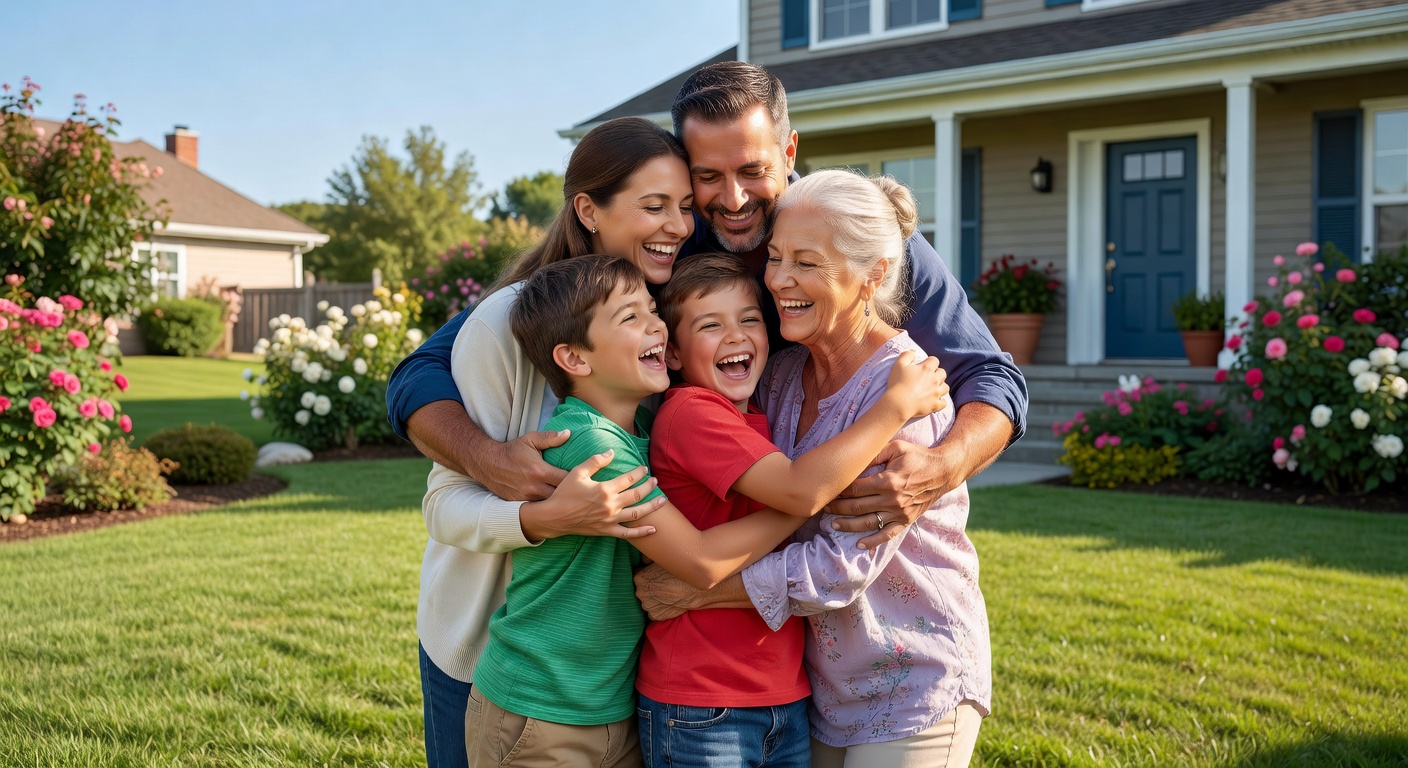 A multigenerational family reunited in a sunny front yard, smiling and embracing after a loved one's release from immigration detention
