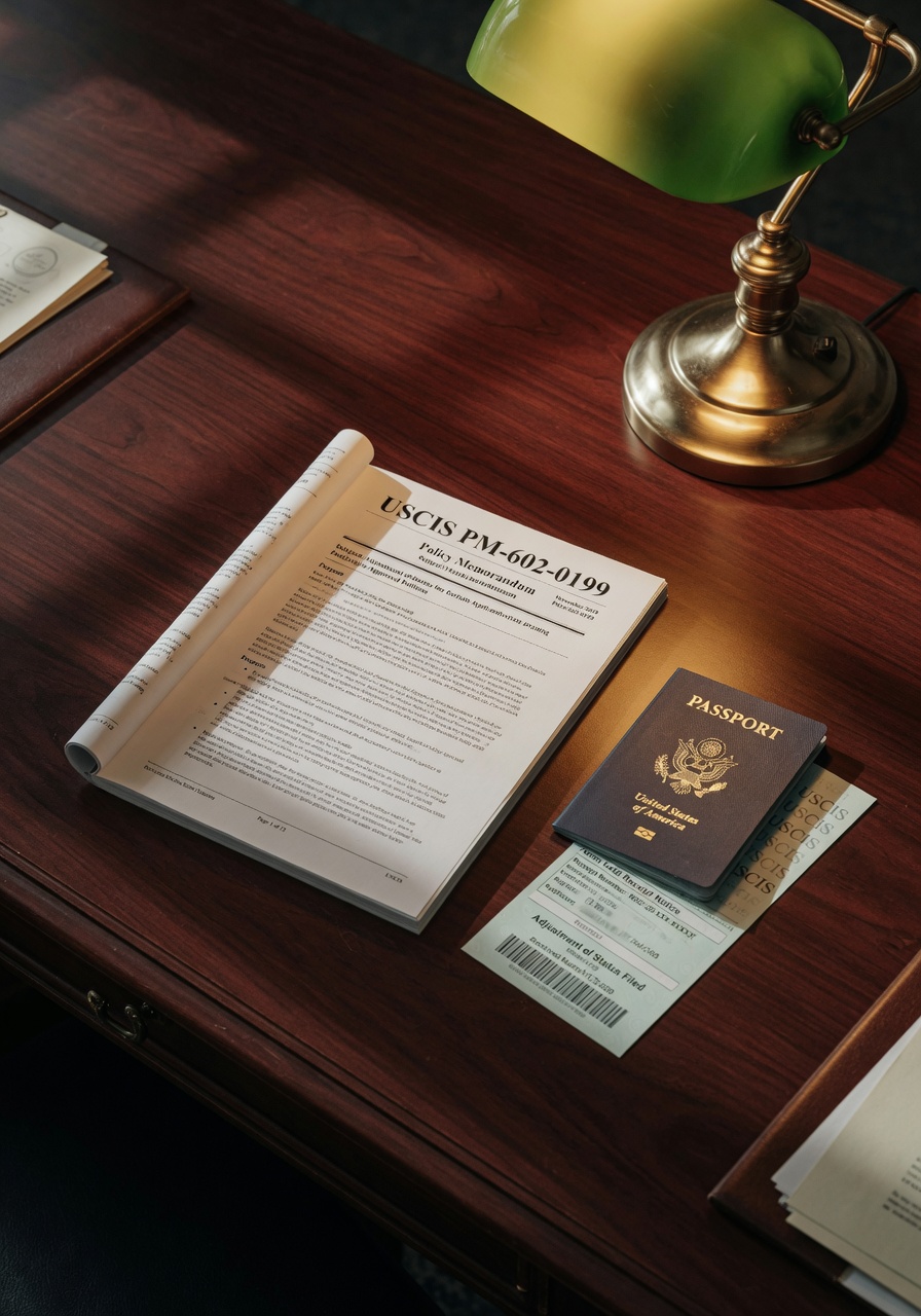 USCIS PM-602-0199 policy memorandum on adjustment of status lying open on a mahogany desk, US passport and adjustment of status receipt nearby, dramatic editorial lighting