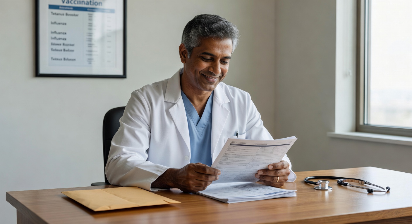 Civil surgeon physician reviewing I-693 paperwork in clinic — I-485 medical exam 2026