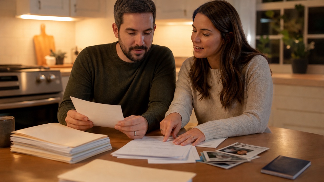 Married couple at a kitchen table organizing joint tax returns, bank statements, and family photos next to a two-year conditional green card
