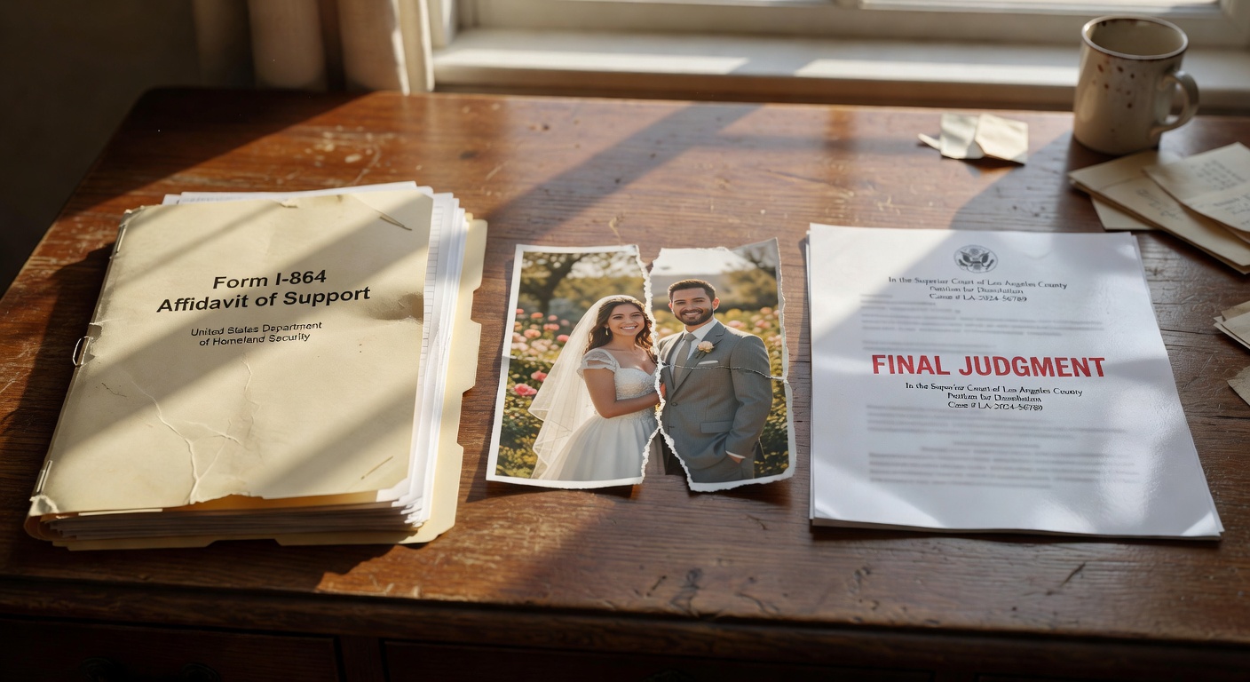 A worn Form I-864 Affidavit of Support on a wooden desk beside a torn wedding photograph and a divorce decree, illustrating that the sponsor's support obligation survives the end of the marriage