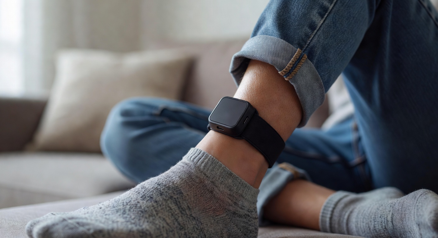 A close-up of an ICE GPS ankle monitor on a person's leg, with a charging cable and smartphone showing the SmartLINK app nearby