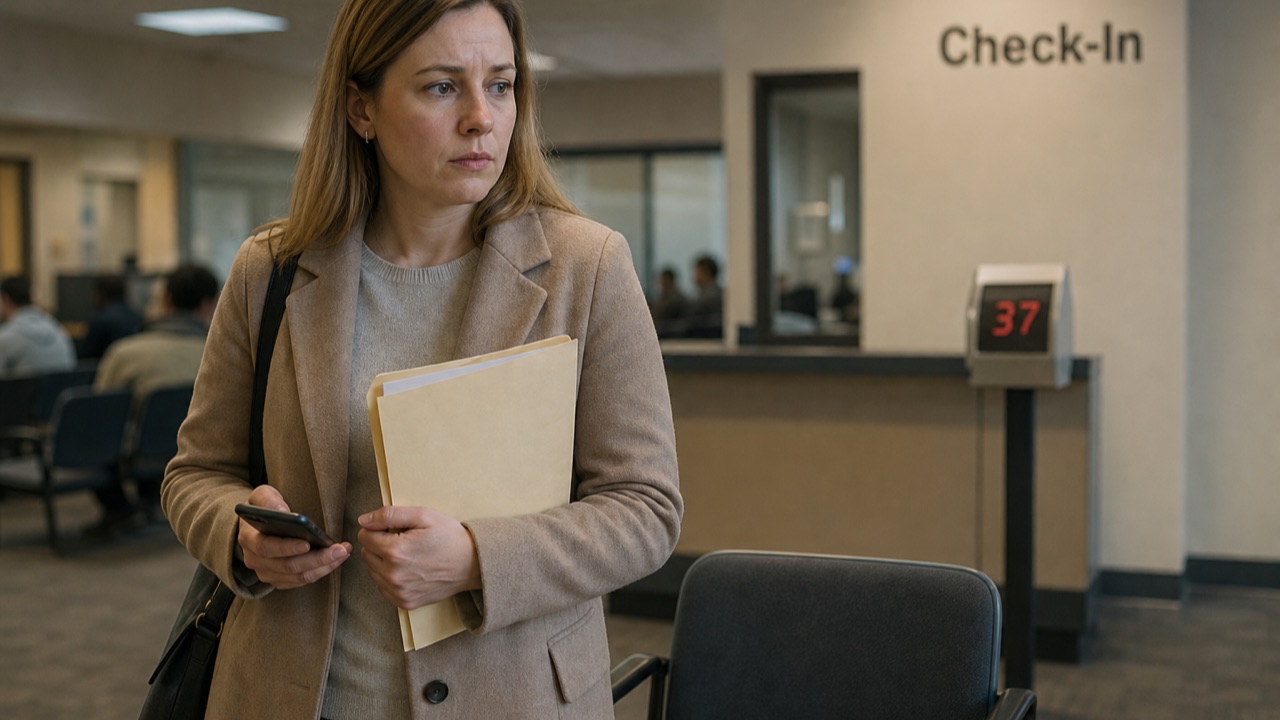 Wife holding a folder of documents in an ICE field office waiting room after her husband was detained at a routine check-in