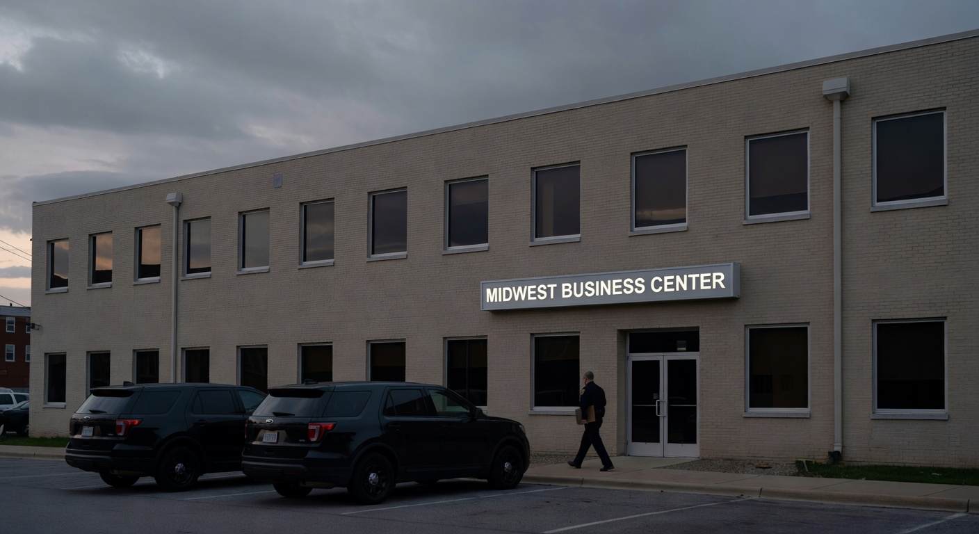 Exterior of a small Midwestern coworking-style office building at dusk with unmarked SUVs parked outside, representing ICE's new distributed deployment footprint across more than 40 U.S. states