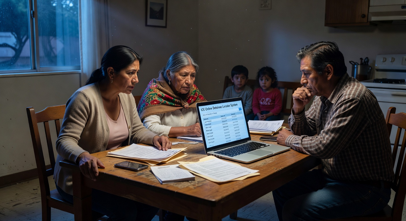 A worried multigenerational immigrant family gathered around a kitchen table searching the ICE Online Detainee Locator on a laptop