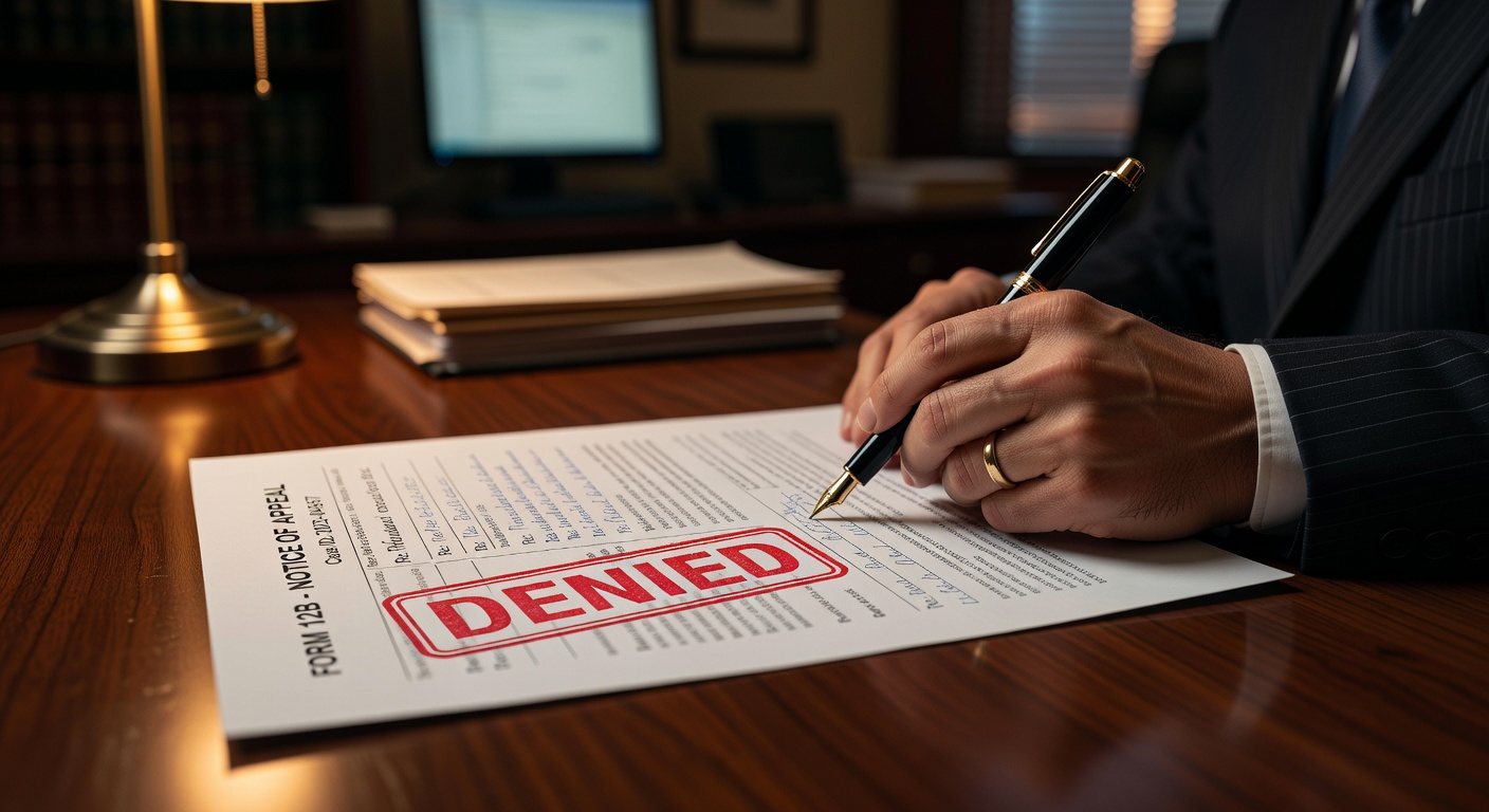 Stamped denial document on desk with lawyer preparing an appeal