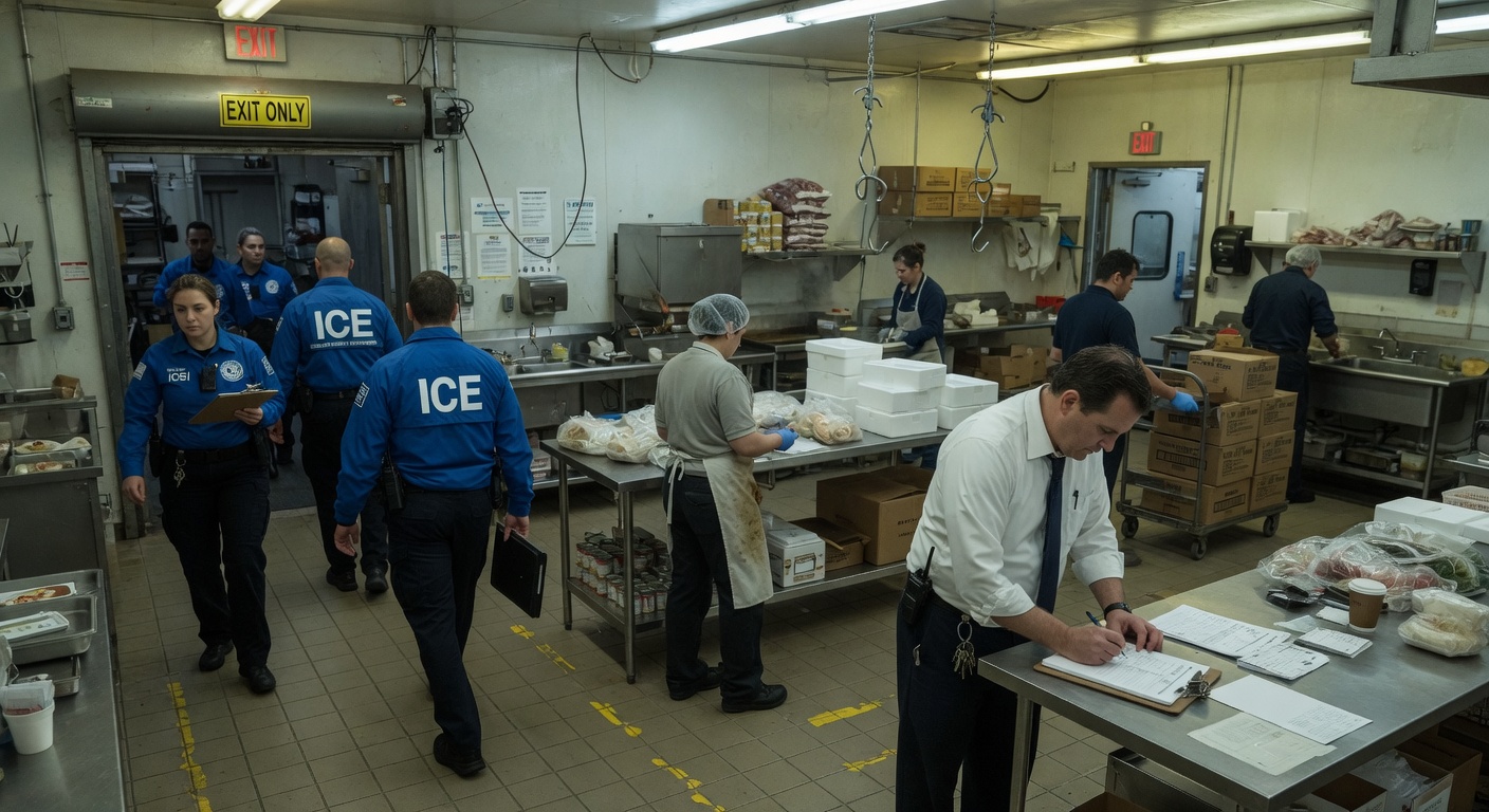 ICE/HSI agents in raid jackets entering a commercial kitchen while a manager reviews documentation in the foreground; workers visible at stations.
