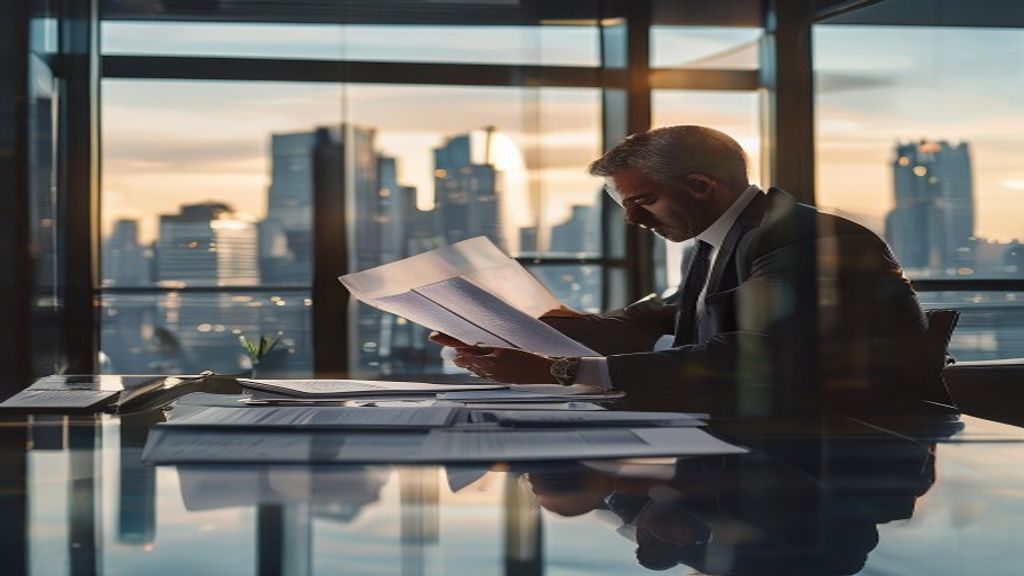 Business executive reviewing L-1 visa petition documents for intracompany transfer to the United States