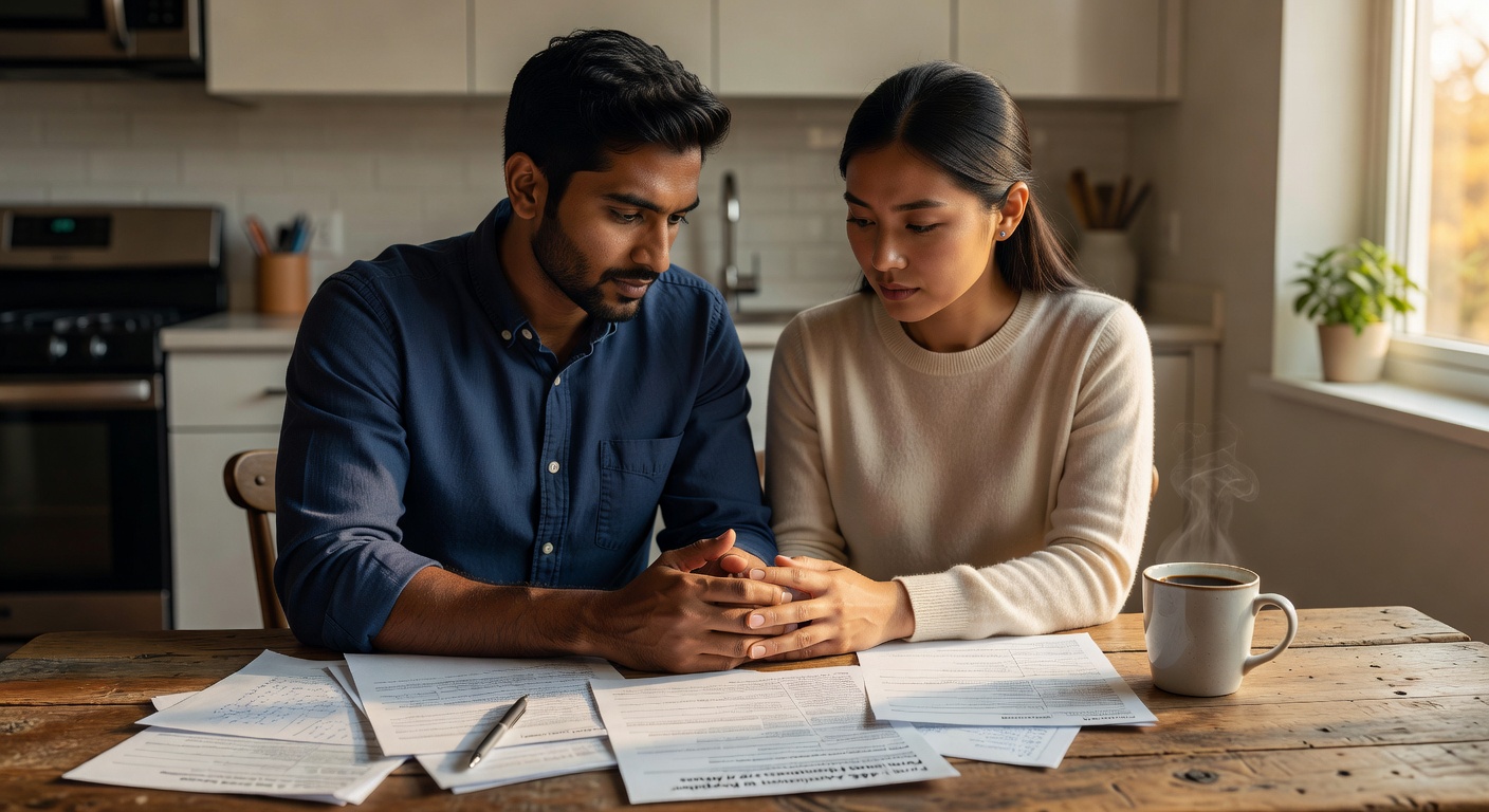 Couple at kitchen table reviewing US green card paperwork — marriage green card after tourist visa entry 2026