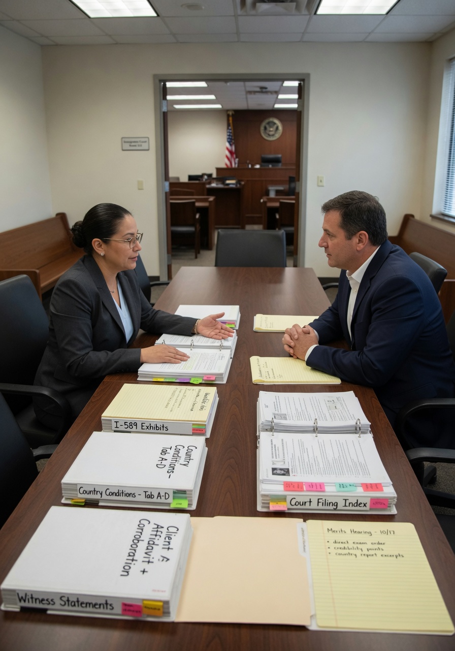 An immigration attorney preparing a client for an individual merits hearing in immigration court, with evidence binders and a courtroom in the background