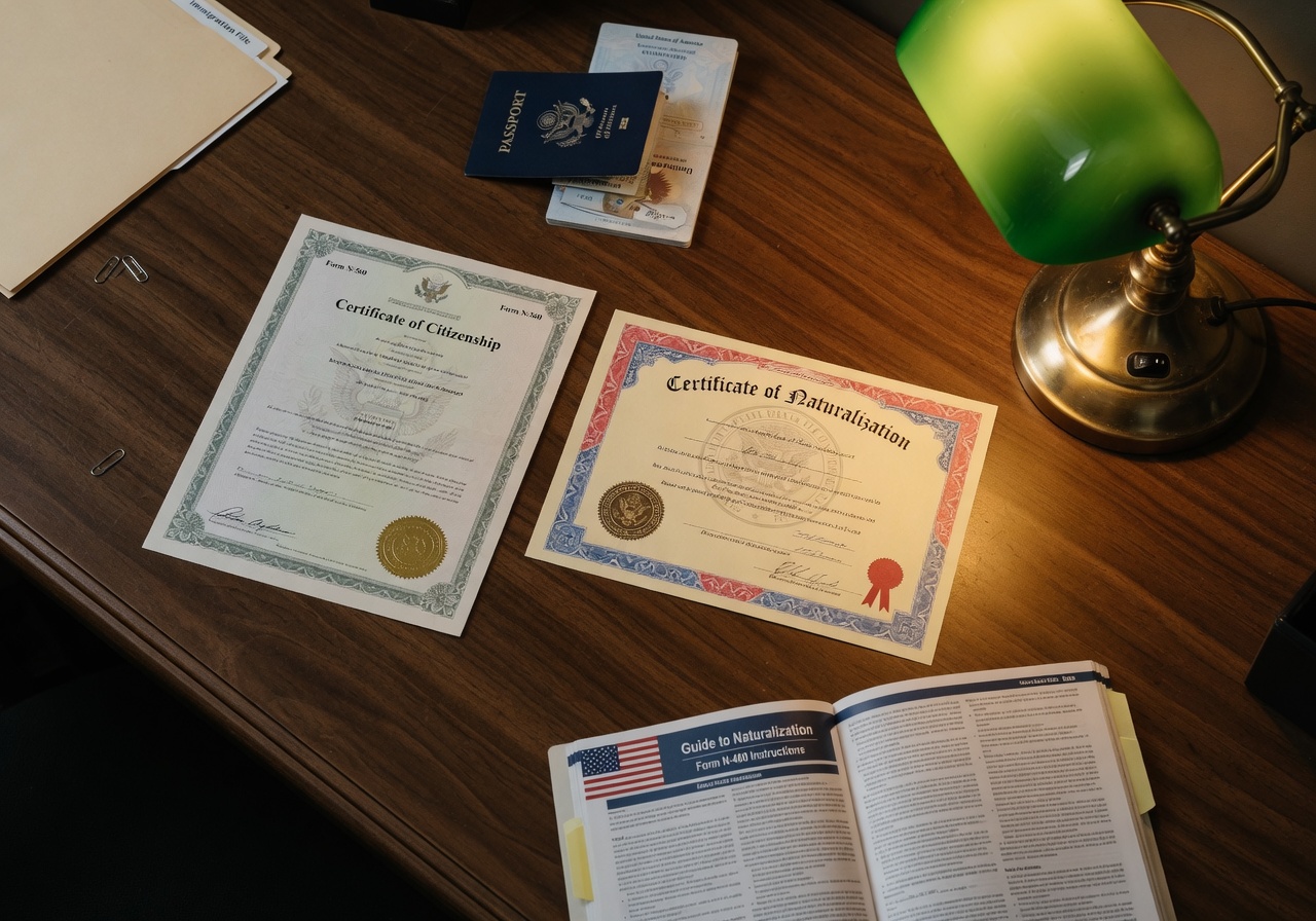 A US Certificate of Citizenship and a US naturalization certificate displayed side by side on a dark wood desk, with a US passport and an open USCIS instruction booklet, professional immigration-law office aesthetic