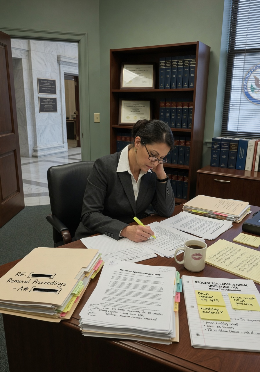 An immigration attorney reviewing a client file and motion papers to request administrative closure or prosecutorial discretion in removal proceedings