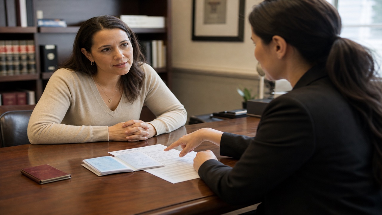 An immigration attorney reviews a Refugee Travel Document and Form I-131 with an asylee client, the client's expired home-country passport set aside on the desk