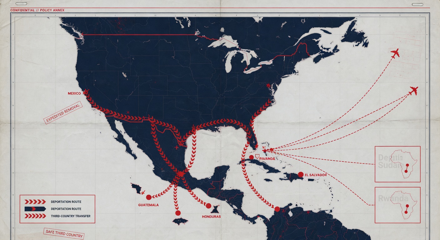 A stylized policy-document map of the Americas with chevrons marking deportation routes from the United States to third countries — El Salvador, Mexico, Guatemala, Honduras, South Sudan, Rwanda — in a navy-and-red editorial palette.