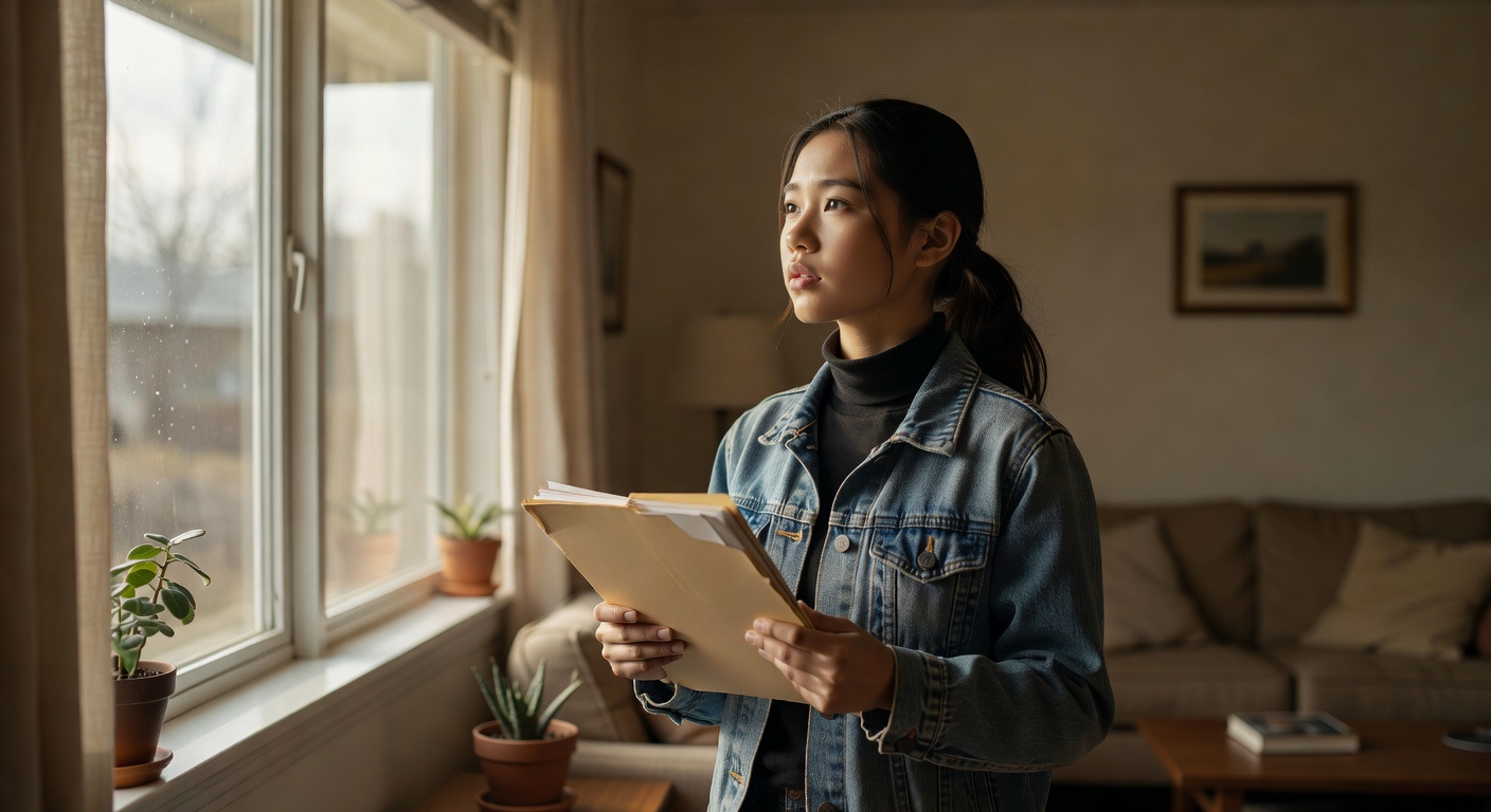 A teenage immigrant youth standing at a sunlit window of a modest American home, holding a manila legal folder, looking thoughtfully outside
