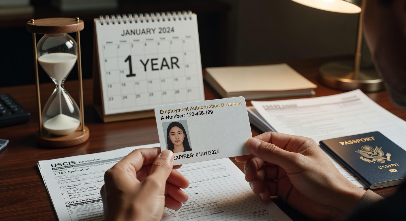 A USCIS Employment Authorization Document (EAD) with a calendar showing a one-year duration