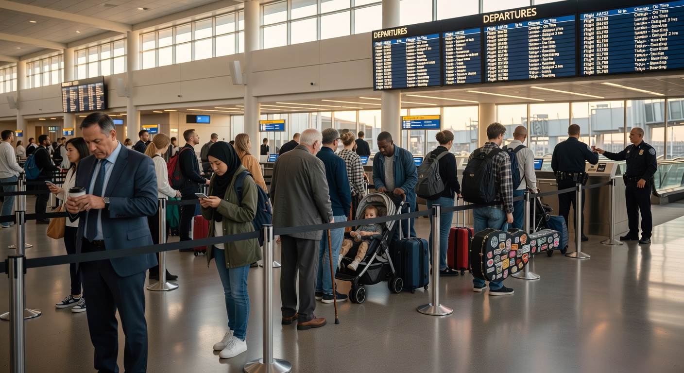Travelers waiting in long airport security and immigration lines at a major US airport in 2026
