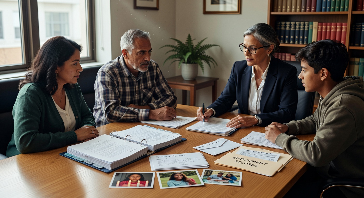 Immigration attorney reviewing bond hearing evidence with a family in a law office