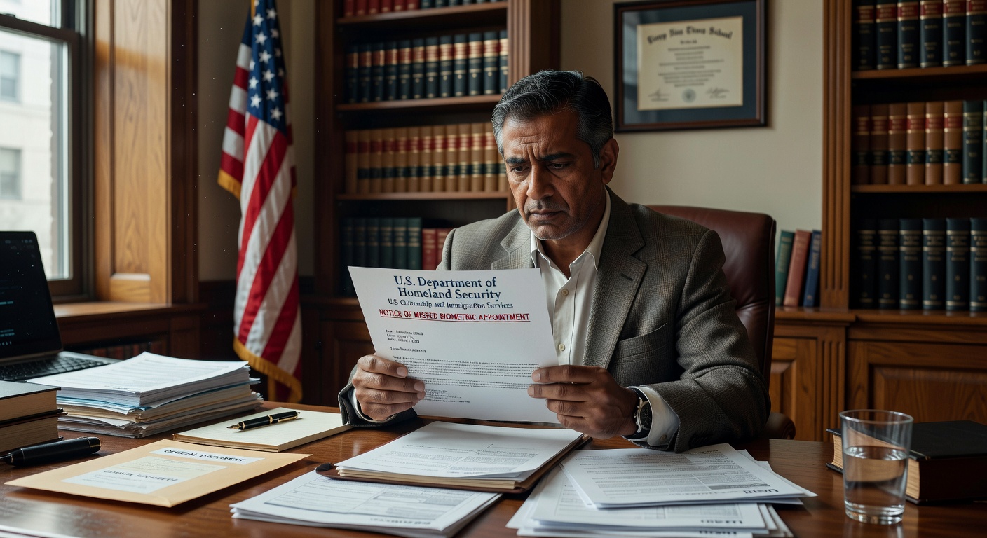 Person reviewing USCIS biometrics appointment notice with immigration documents